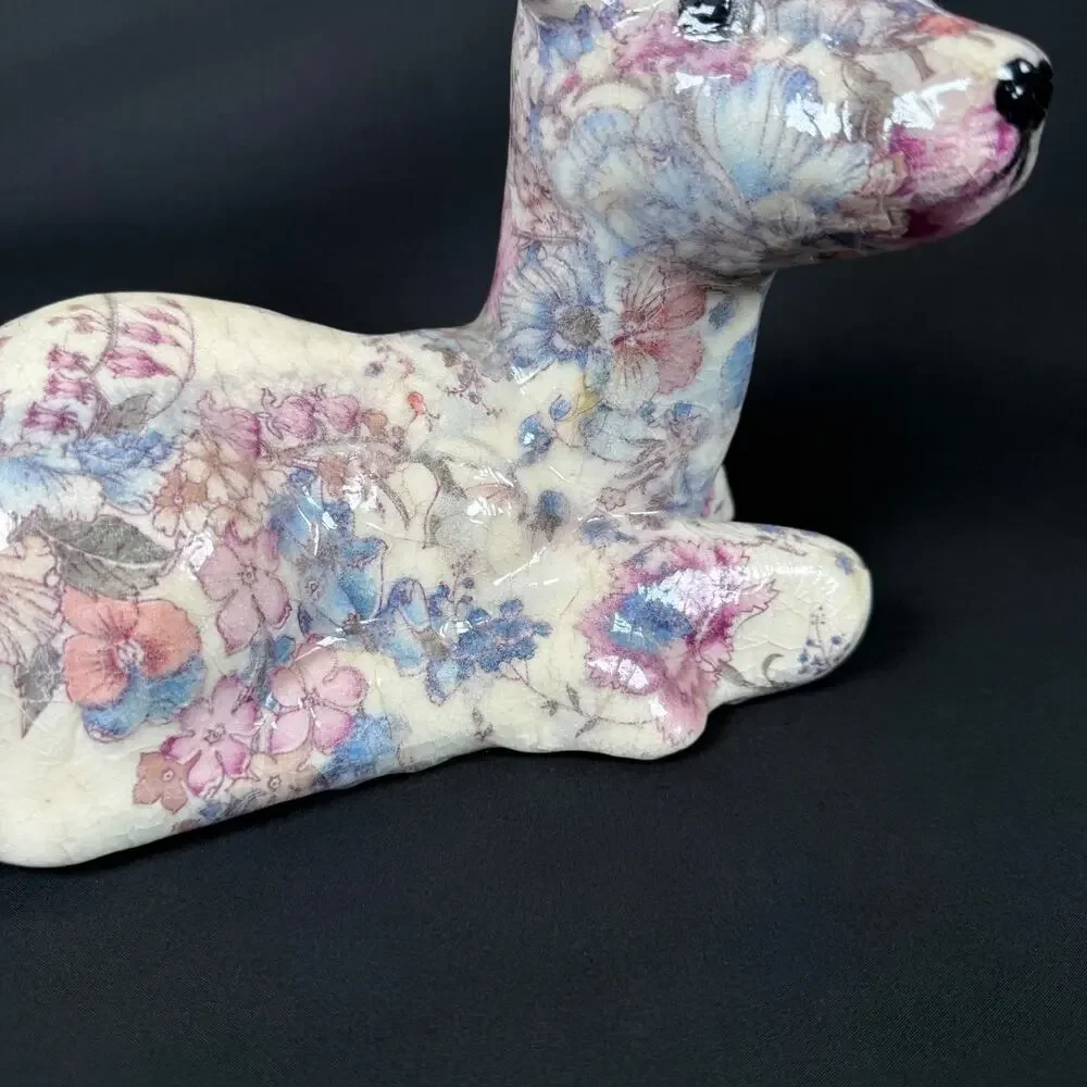 Floral Decoupage Lying Deer Figurine Ceramic Sculpture h8